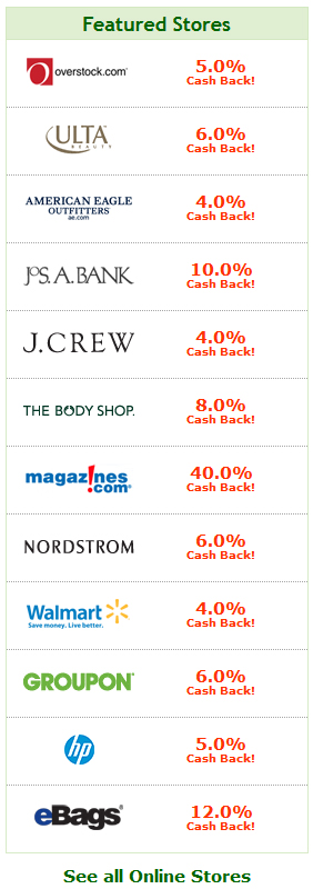 List of Ebates Stores and current Percentages of Money Back