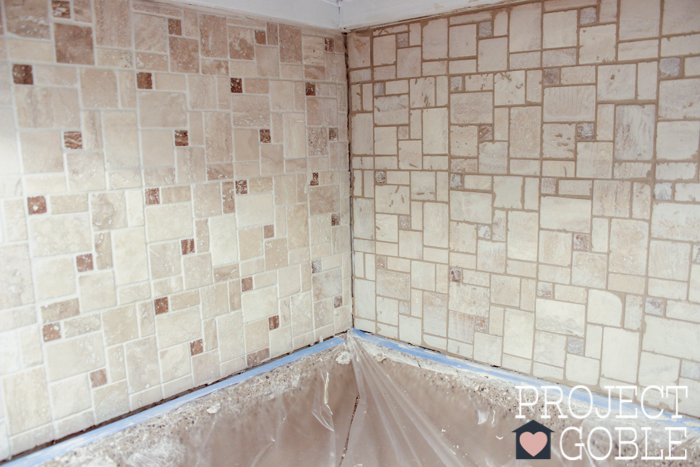 Before and After Grout - The Peel and Stick Instant Mosaic Tile Backsplash we used for our Kitchen.