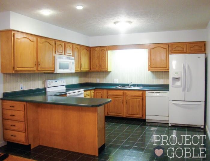 BEFORE Kitchen Transformation: White Cabinets & Painted Counters with White Appliances