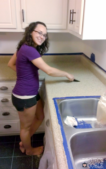 Allison & Jay from shows how they updated their kitchen countertops using a paint kit! An easy and affordable kitchen transformation! www.ProjectGoble.com